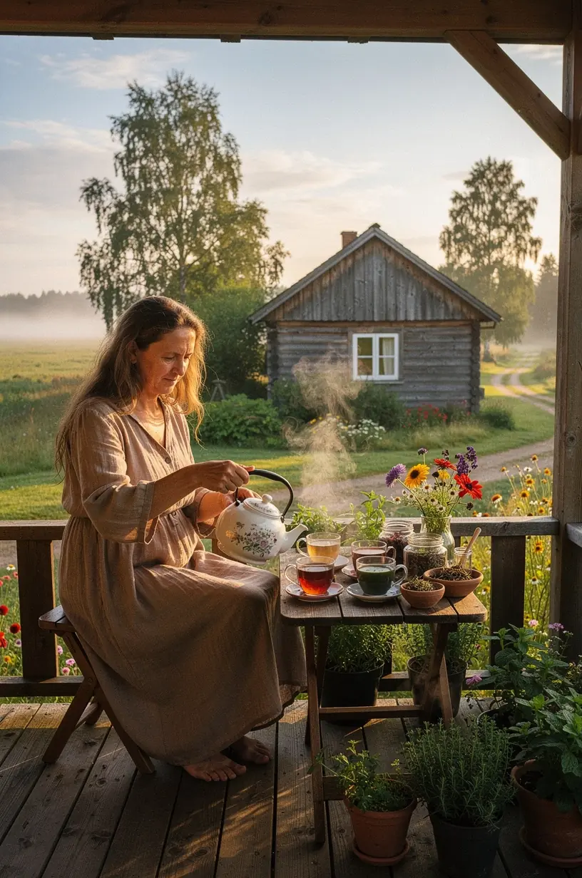 Įvairių rūšių arbatos puodeliai išdėstyti ant stalo, iliustruojantys pasirinkimo įvairovę ir subalansuotą vartojimą be sveikatos pažadų