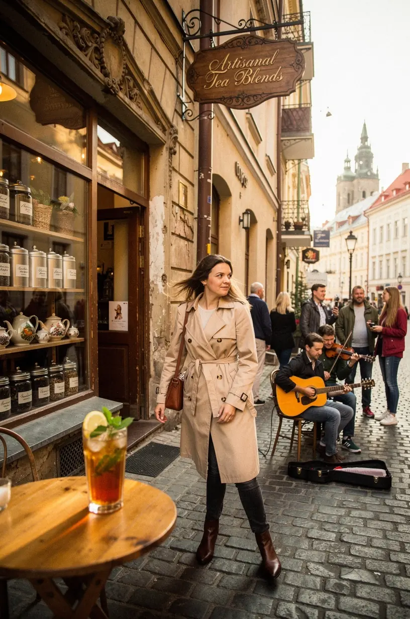 Puodelis arbatos ant stalo šalia sveiko pusryčių patiekalo ir laikrodžio, simbolizuojant subalansuotą arbatos vartojimą kasdienėje rutinoje