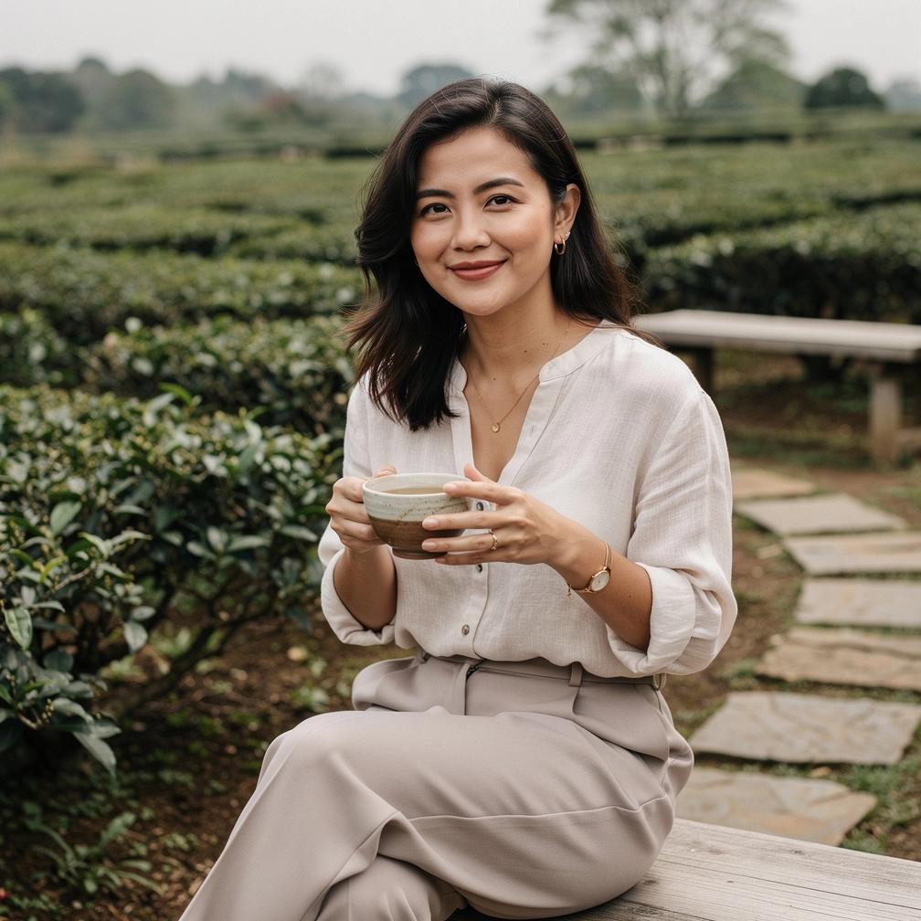 Žmogus atsipalaidavęs, gerdamas arbatą ryto šviesoje, pabrėžiant sveiką gyvenimo būdą.