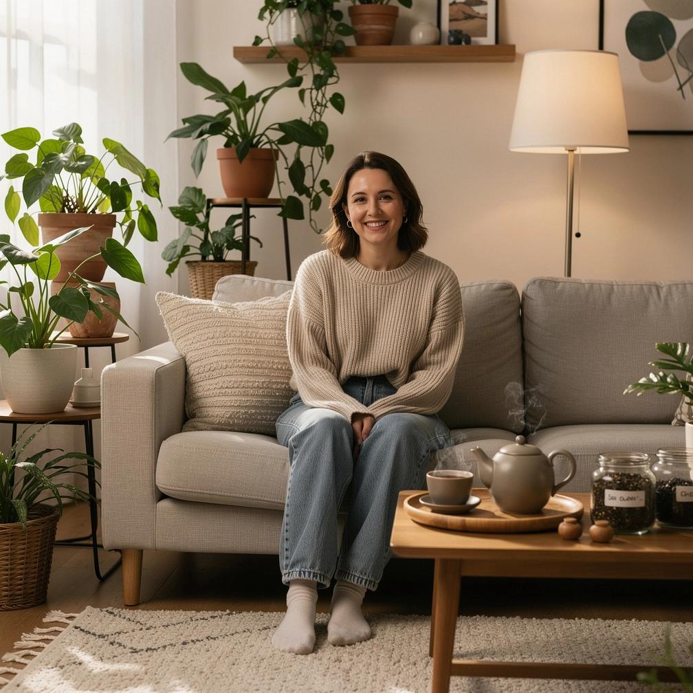 Asmuo vartojantis arbatą darbo vietoje, parodydamas subalansuotą gyvenimo ir darbo ritmą.